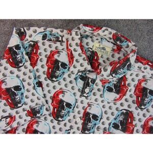 DY Jeans Shirt Mens Large Red Blue Skull Print Short Sleeve Button Up